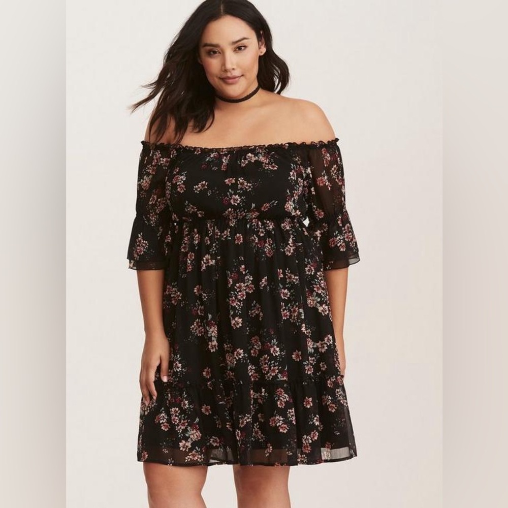 Torrid Black‎ Floral Off Shoulder Chiffon Peasant Dress Sz 0 L 12